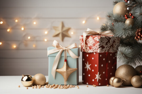 Present boxes near Christmas tree on white table agains white background with glowing garland