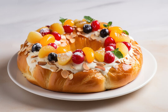 Roscon de Reyes decorated with fruits and candy placed on white plate on white background. Typically enjoyed Three Kings Day, Epiphany day