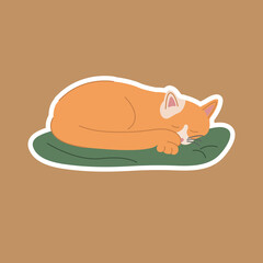 Fototapeta premium Slipping cat on green pillow. Slipping cat illustration isolated. Sticker with ginger cat. 