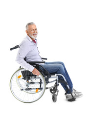 Fototapeta na wymiar Senior man in wheelchair on white background