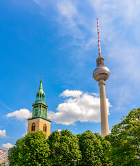 Saint Mary's church (St. Marienkirche) and TV tower on Alexanderplatz square, Berlin, Germany