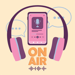 Smartphone and headphones on air transmission Podcast Vector
