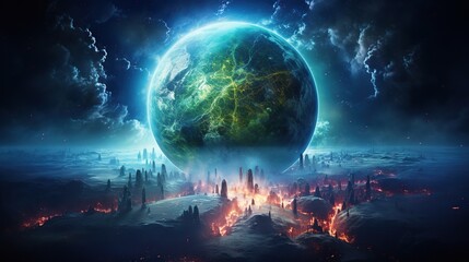 Planet Earth-type, exo-planet in outer space, alien planet in far space. fantasy landscape, galaxy, unknown planet, neon space galaxy portal. 3d illustration.