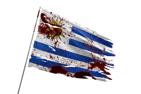 Uruguay torn flag on transparent background with blood stains.