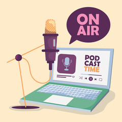 Microphone and a laptop computer Podcast time Vector
