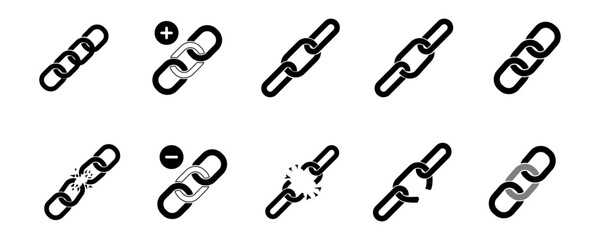 Link icon. Chain symbol. Hyperlink chain break icons. Share content by clicking eps10