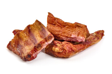Smoked pork ribs, close-up, isolated on white background.