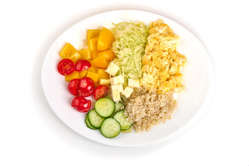 Breakfast with scrambled eggs and barley porridge on a plate, isolated on white background.