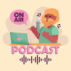 Cute male podcaster with microphone and laptop Podcast Vector