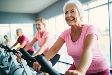 Obraz premium Senior women exercising together on stationary bikes.