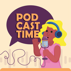 Cute girl podcaster with microphone and headphones Podcast time Vector