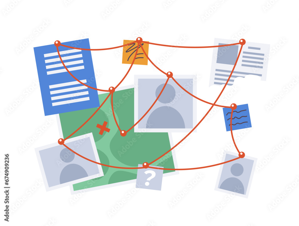 Poster clues investigation wall with red threads 2d cartoon object. killer murder scheme isolated vector it