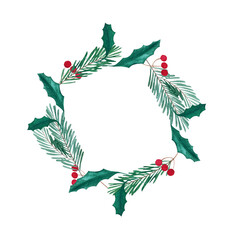 Naklejka premium Christmas wreath made from branches of New Year trees, holiday decoration, wreath made from mistletoe branches of a pine tree