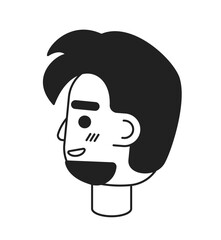 Side view spanish bearded man grinning black and white 2D vector avatar illustration. Messy hair guy outline cartoon character face isolated. Latino male joyful flat user profile image, portrait