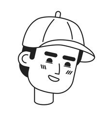 Baseball cap man toothy smile black and white 2D vector avatar illustration. Arab guy wearing baseball hat outline cartoon character face isolated. Sport fan male flat user profile image, portrait