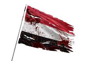 Yemen torn flag on transparent background with blood stains.