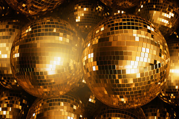 many shiny golden disco balls, party background