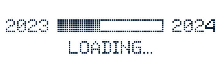 Pixel loading progress from 2023 to 2024 year pixel related progress bar showing loading of year 2023 to 2024 vector illustration on white background. - obrazy, fototapety, plakaty