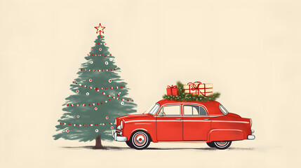 illustration of red vintage car and christmas tree	 - obrazy, fototapety, plakaty