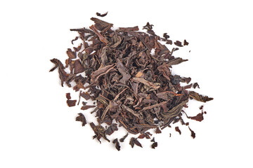 Dry black tea leaves, isolated on white background.