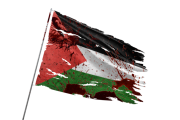 Palestine torn flag on transparent background with blood stains.