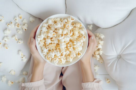 female hands holding bowl with popcorn on white sofa. Top view