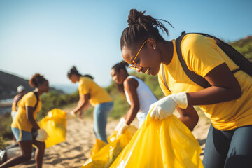 african american volunteers collecting plastic waste on beach during obstacle course - obrazy, fototapety, plakaty