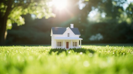 small white toy house on the lawn in the sun.