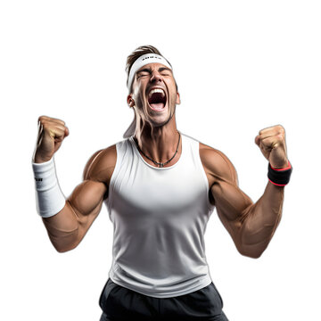 Tennis athlete celebrating a victory isolated on transparent or white background, png