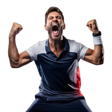 Tennis athlete celebrating a victory isolated on transparent or white background, png