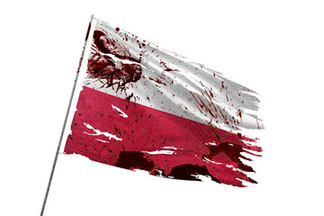 Poland torn flag on transparent background with blood stains.