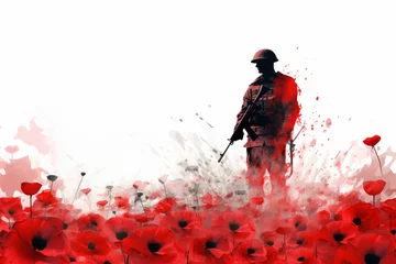 Fotobehang Remembrance day design background. Soldier silhouette in a poppy field © ink drop