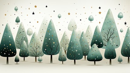 Illustration of a stylized green Christmas trees on a white background. Christmas pattern of fir trees and snow. Christmas packaging design for gifts, print, banner, card template. Generative ai