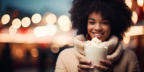 Beautiful black woman holding a eggnog drink, Christmas blurred  lights background
