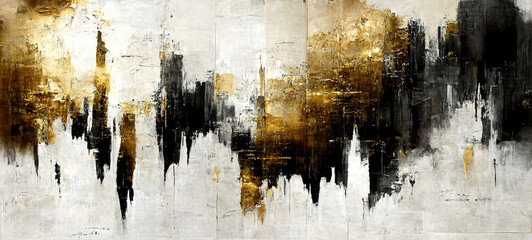 Generative AI, White, golden and black watercolor abstract painted background. Ink black street graffiti art on a textured paper vintage background, washes and brush strokes.	
