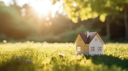 small white toy house on the lawn in the sun. - obrazy, fototapety, plakaty