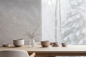 Minimalist dining area with wooden furniture and simple tableware. Nordic winter cozy interior. Generative AI