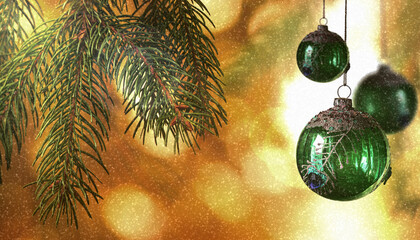 New Year's background with coniferous branches and glass toys on a blurred, natural background....