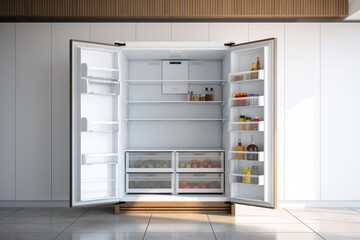 Empty airy kitchen with open refrigerator and empty shelves. Generative AI