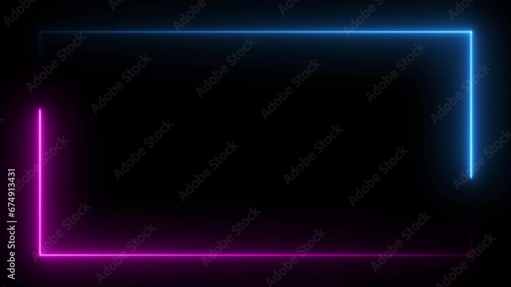 Poster abstract blue pink neon glowing line frame, animated moving led light screen box projection 3d rende