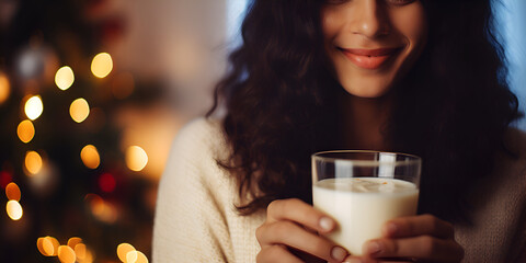 Close up of woman's hands  holding a eggnog drink at Christmas market, blurred background with lights 