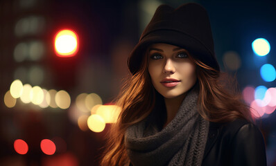 Beautiful woman in night city looking at camera