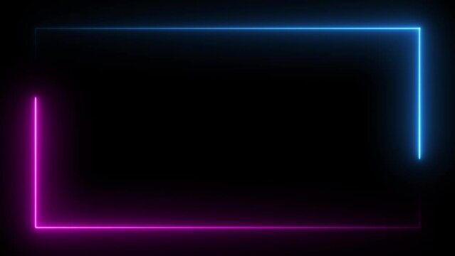 Abstract blue pink neon glowing line frame, animated moving led light screen box projection 3d rendering, empty space border presentation design background, futuristic laser sprectrum backdrop
