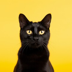 black cat on a yellow background isolated.
