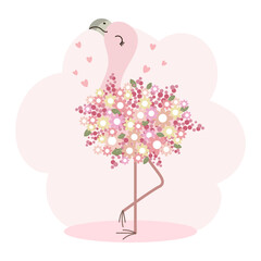 Cute cartoon flamingo bird in delicate flowers with hearts. Children's illustration, postcard, pastel colors, vector