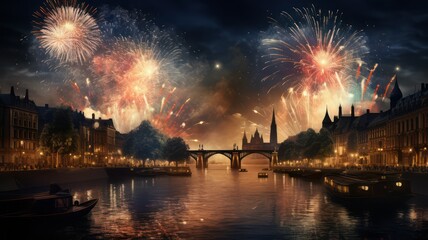 Obraz premium Fireworks on silvester on city background with river and ship created with Generative AI