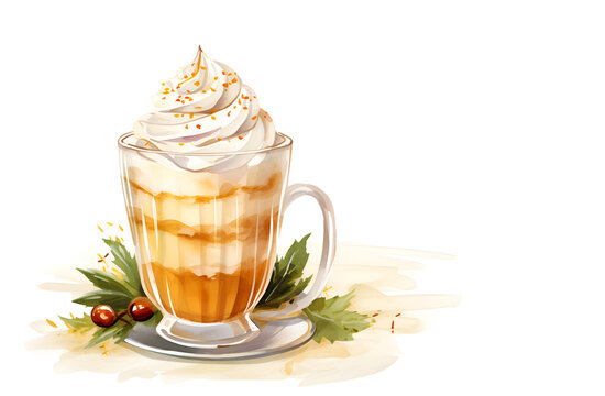 Watercolor illustration of eggnog drink in a glass with whipped cream on top, isolated on white background 