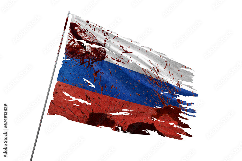 Wall mural russia torn flag on transparent background with blood stains.