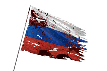 Russia torn flag on transparent background with blood stains.
