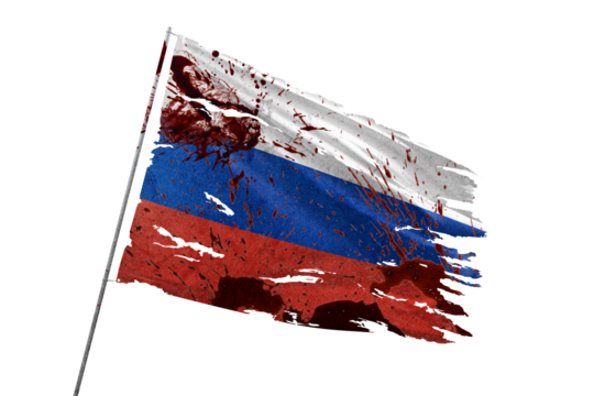 Russia torn flag on transparent background with blood stains.